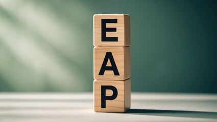 Acronym EAP displayed on wooden cubes against a blurred gray background. Internet concept.