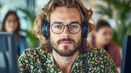 Leinwandbilder - Young businessman wearing headphones and eyeglasses concentrating on his work in a busy office environment