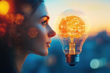 Wall Mural - woman's profile merges with a glowing lightbulb containing a brain, symbolizing ideas and innovation