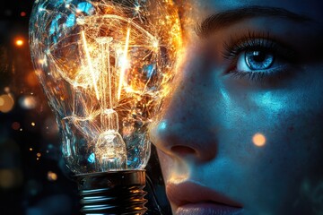 Wall Mural - a woman's face merges with a glowing lightbulb, symbolizing brilliance and innovation.