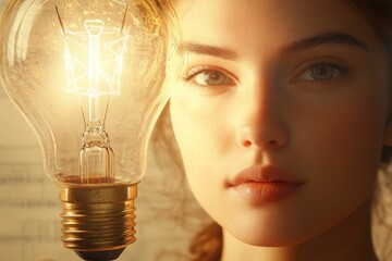 Wall Mural - a young woman's face is illuminated by a glowing vintage lightbulb, symbolizing ideas and inspiratio
