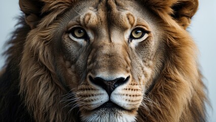 Wall Mural - a close-up portrait of a stunning lion against a white background.