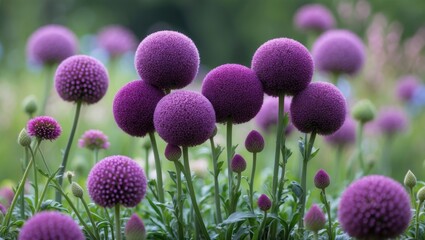 Wall Mural - a vivid group of blooming purple globe amaranth flowers in a lush green garden. colorful blooms repr