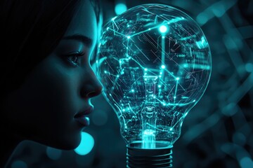 Wall Mural - woman gazing at a glowing lightbulb filled with interconnected nodes, symbolizing innovation and dig