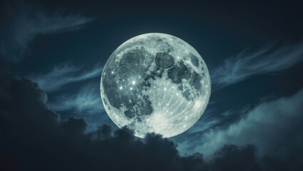 Full moon illuminating a cloudy night sky backdrop. Concept of Halloween, horror, mystic. Dramatic dark eerie clouds surrounding the moon. Beauty in nature.