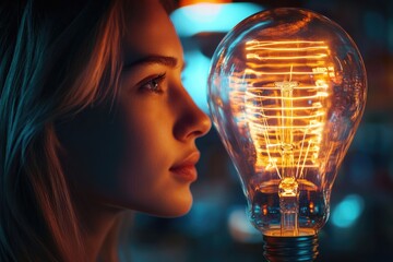 Wall Mural - woman gazing at a glowing vintage lightbulb, symbolizing inspiration and new ideas.