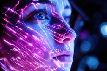 Wall Mural - A woman's face is illuminated with vibrant neon purple and blue circuit lines, creating a futuristic and technological aesthetic.