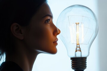 Wall Mural - a woman's face is illuminated by a glowing lightbulb, symbolizing inspiration and new ideas.