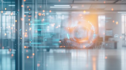 Fototapete - Advanced holographic security system interface displaying alarm notifications and data in a modern office environment with spaces for text