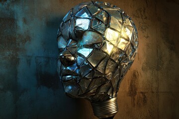 Wall Mural - a fragmented metallic head shaped like a lightbulb, glowing softly, symbolizing fractured brilliance