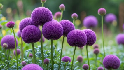 Wall Mural - a vivid group of blooming purple globe amaranth flowers in a lush green garden. colorful blossoms re