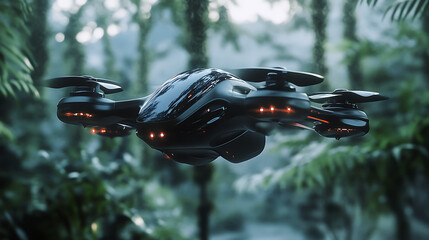 Realistic close-up animation of a sleek, autonomous drone with adaptive AI technology, scanning the environment with an intelligent sensor array 