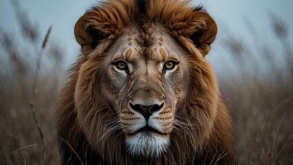 Wall Mural - a closeup portrait of a stunning lion against a white background.