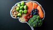 © CreativeBro - Chalk-drawn image of a brain filled with various foods for brain health and good memory, including fresh fish, vegetables, nuts, and berries on a black backdrop. Foods to enhance brain power, viewe...