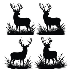 Fototapete - Set of black silhouette of a deer isolated on  white background.