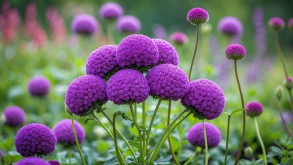 Wall Mural - a vivid cluster of purple globe amaranth flowers flourishing in a lush green garden. colorful blosso