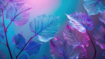 Wall Mural - macro leaves background texture in blue, turquoise, and pink colors. transparent skeleton leaves. a 