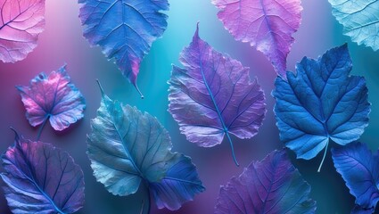 Wall Mural - macro leaves background texture with blue, turquoise, and pink colors. transparent skeleton leaves. 