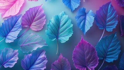 Wall Mural - macro leaves background texture in blue, turquoise, and pink colors. transparent skeleton leaves. a 