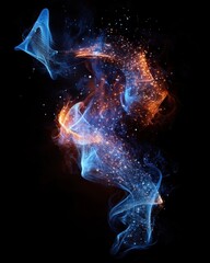 Wall Mural - abstract digital art with flowing blue and orange light streams against a dark background creating a