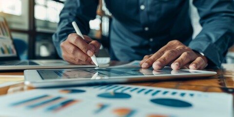 Poster - In a modern office, a lawyer or judge uses a tablet to analyze data, reviewing documents and charts to improve efficiency and productivity, fostering collaboration and strategic planning