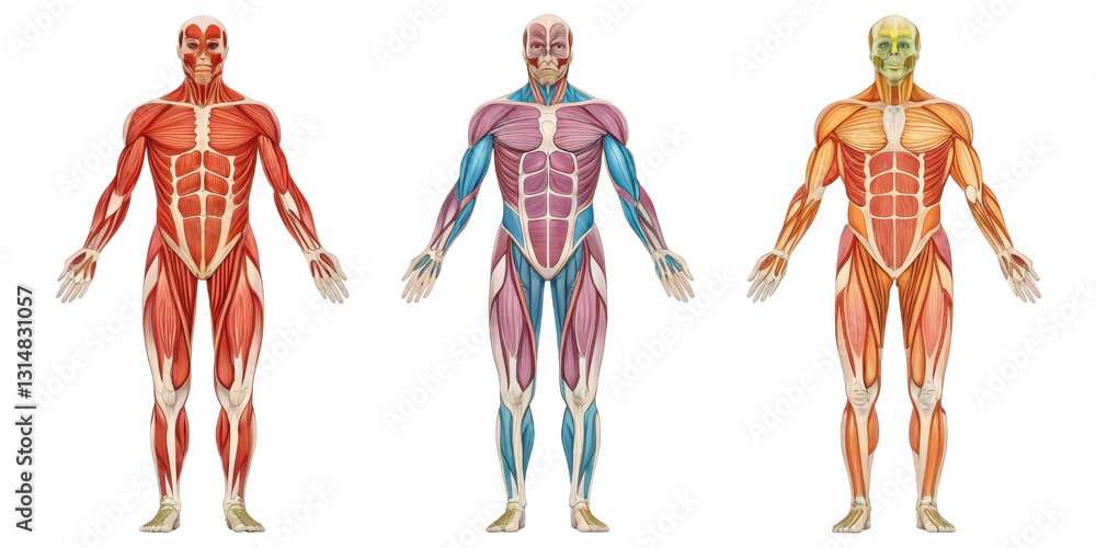 Three anatomical charts of human muscular system display detailed ...