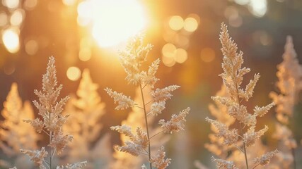 Wall Mural - warm golden rays illuminating dry grassland, casting orange hues across rural meadow during autumn t