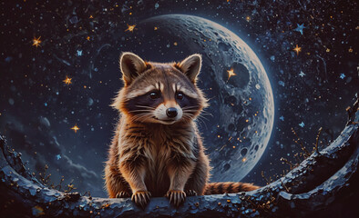 Wall Mural - raccoon is sitting on a branch next to a full moon. the image has a dreamy, whimsical feel to it, wi