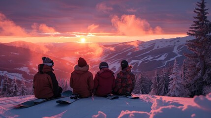 Poster - Friends sit together on a snow covered slope, watching a vibrant sunset illuminate the mountain landscape, surrounded by trees and snowy terrain.