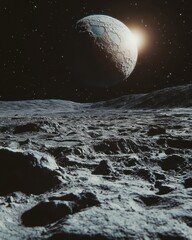 Wall Mural - cratered lunar surface with distant sun and starry sky creating a serene and awe inspiring space exp