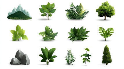 collection of realistic green plants, trees, rocks, and mountain illustration isolated on white back