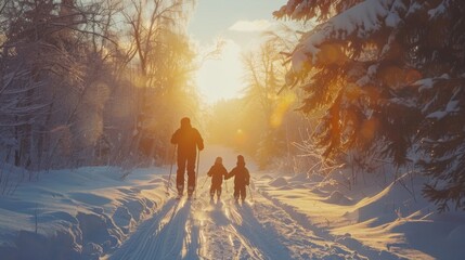 Poster - A person and two children ski on a snowy trail, surrounded by trees, as the sun sets, glowing warmly against the winter backdrop, creating a peaceful ambiance.