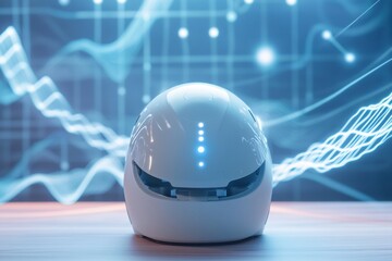 Aufkleber - Innovative neurostimulation helmet for hair growth surrounded by abstract wave signals and gentle light