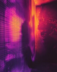 Wall Mural - abstract wall with vibrant purple and orange lighting casting shadows creating a moody and atmospher