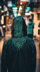 Wall Mural - mysterious figure in a hoodie walks through a futuristic urban corridor at night with glowing digita