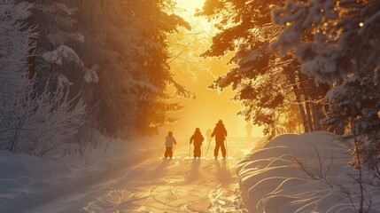 Aufkleber - A family walks together along a snow covered path in a serene forest as the sun sets, casting a warm golden glow through the trees and creating a magical winter atmosphere.