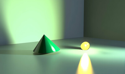Wall Mural - green cone and yellow sphere in lit corner room