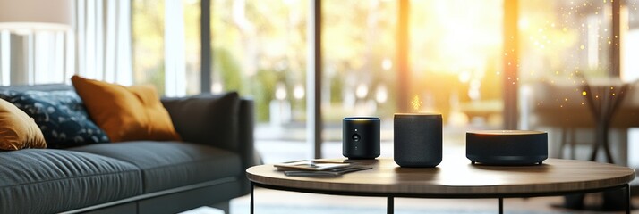 Poster - Stylish living room features smart speakers and user controlling lighting and music for a dynamic environment