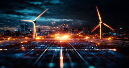 Aufkleber - Gigantic wind turbines stand tall against a vibrant sunset, illuminating a landscape filled with solar panels. The dynamic energy scene highlights a futuristic city skyline in the background.