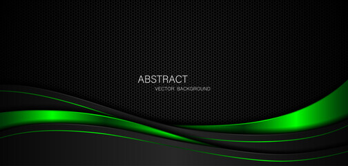 Fototapete - Abstract black and green curves on dark steel mesh background with free space for design. modern technology innovation concept background	