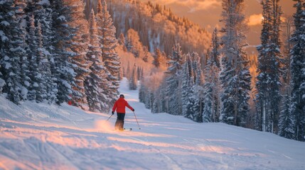 Poster - A skier navigates a pristine snow covered path surrounded by tall evergreen trees during a stunning sunset, casting golden hues over the landscape.
