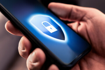 Wall Mural - phone data security. protect from scam or fraud. online privacy and cybersecurity. hacker and mobile