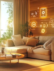 Poster - Cozy living space showcasing smart thermostat and mobile app for home temperature control in warm tones and digital ambiance
