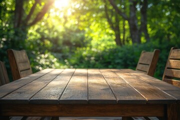 Wall Mural - Rustic wooden table and chairs in a sun dappled garden setting inviting outdoor dining and relaxation in a tranquil natural environment