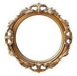 3D rendering of a golden baroque frame with a round shape isolated on transparent background