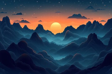 Wall Mural - Serene mountain range under a vibrant sunset sky with twinkling stars creating a peaceful and dreamy atmosphere in a stylized landscape