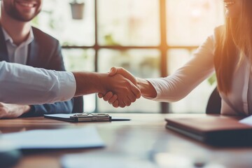 Poster - A Successful Business Meeting Concluded with a Firm Handshake, Symbolizing a Strong Agreement and Commitment to Collaboration and Future Partnership Among Executives and Professionals