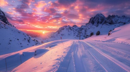 Poster - A stunning sunset casts vibrant colors across a snowy mountain range. Ski tracks mark the serene landscape, inviting adventure in the crisp winter air as the day ends peacefully.