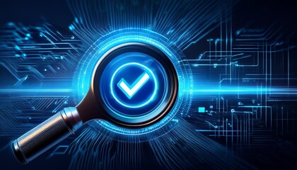 futuristic digital backdrop with magnifying glass and glowing blue check for online verification