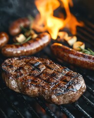 Wall Mural - Sizzling steak and sausages on a hot grill with flames rising creating a delicious barbecue feast